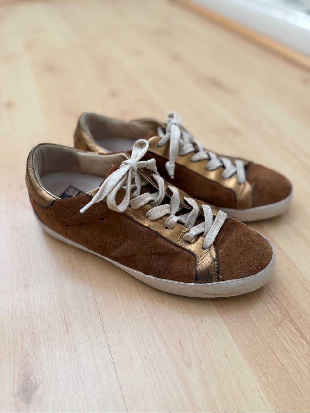 Golden Goose Brown Suede Sneakers with Gold Metallic Trim